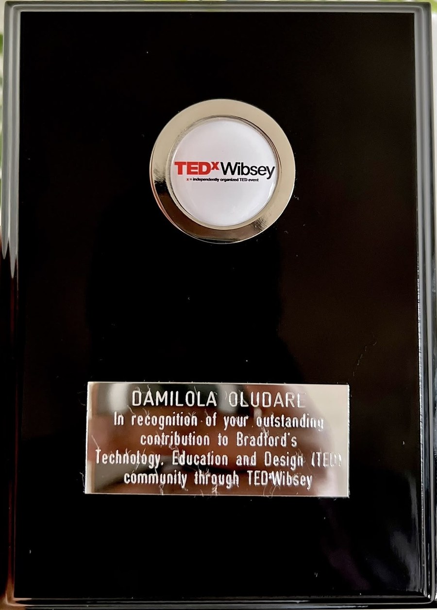 TEDxWibsey recognition plaque awarded to Damilola Oludare
